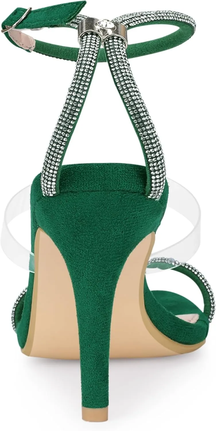 Allegra K Women's Diamond Heels Square Toe Ankle Strap Stiletto Heels Sandal