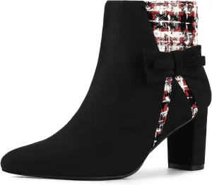 Allegra K Women's Tweed Plaid Heels Boot Bow Block Heels Ankle Boots