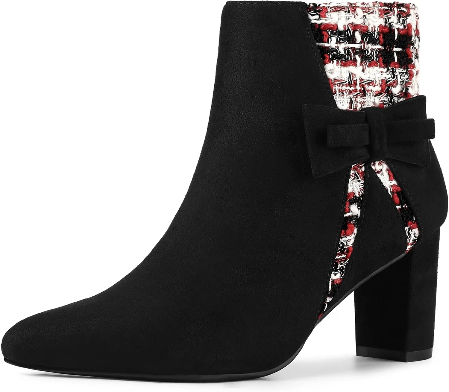 Allegra K Women's Tweed Plaid Heels Boot Bow Block Heels Ankle Boots