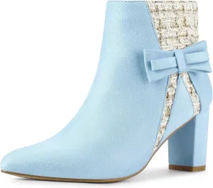 Allegra K Women's Tweed Plaid Heels Boot Bow Block Heels Ankle Boots
