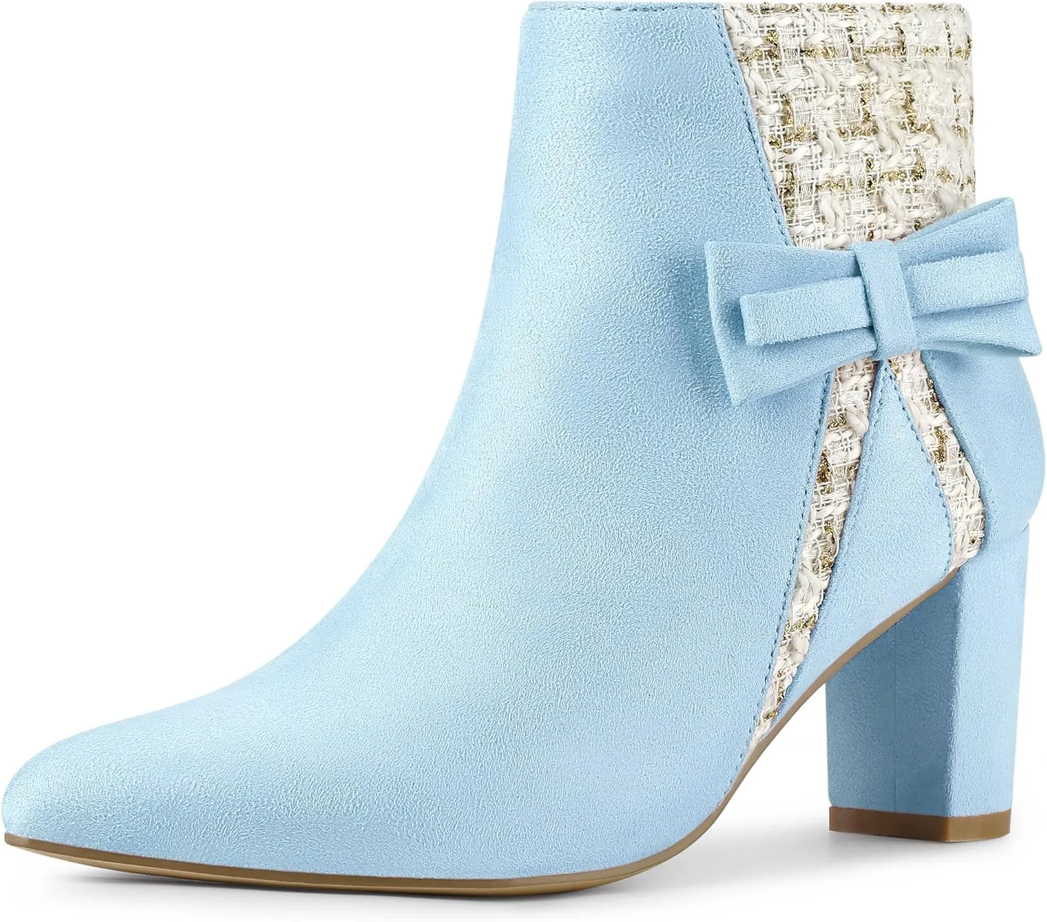 Allegra K Women's Tweed Plaid Heels Boot Bow Block Heels Ankle Boots