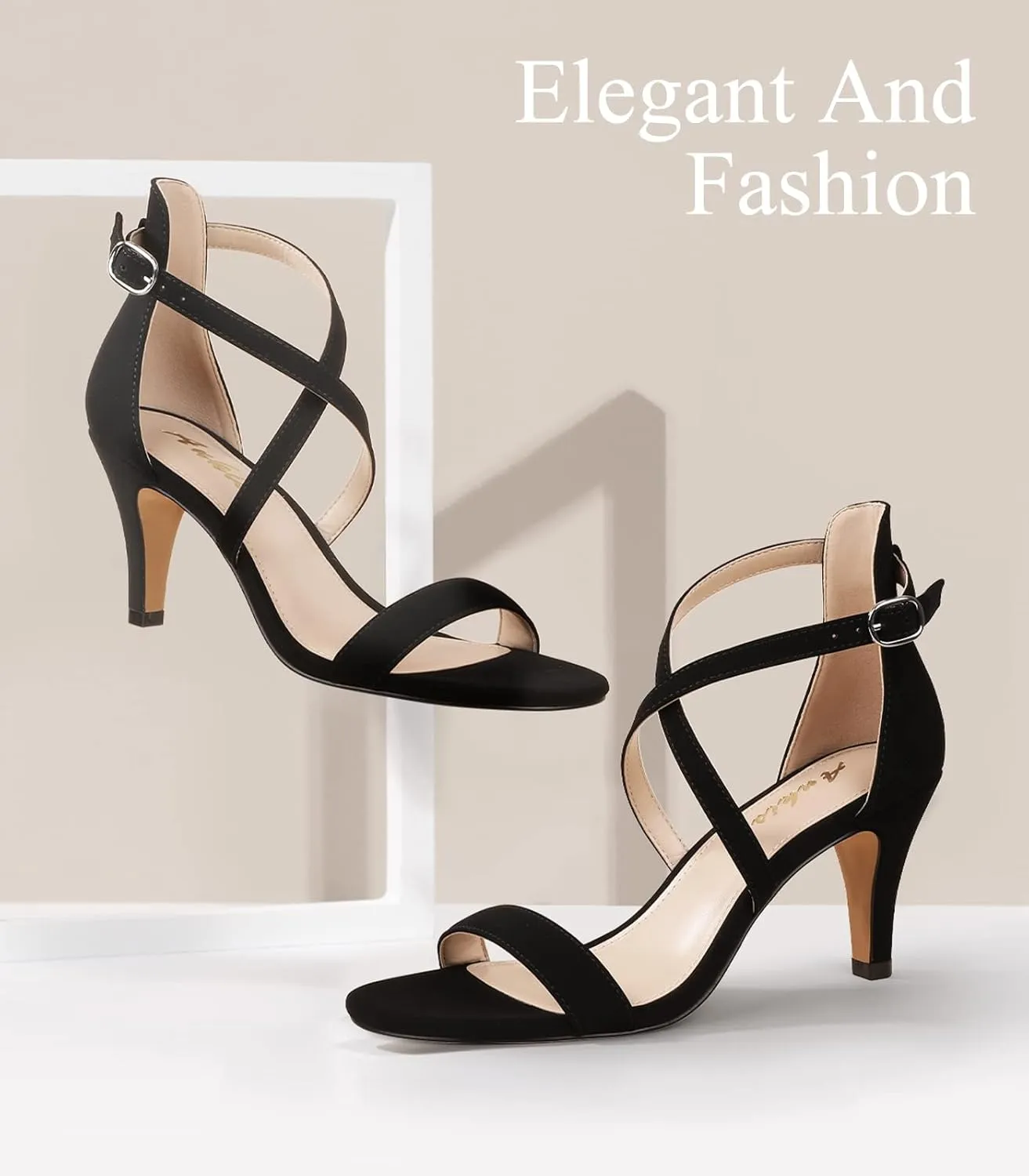 Ankis Nude Gold Black Heels Strappy Heels for Women 3 Inch Stiletto Open Toe Sandals for Wedding Evening Party Homecoming