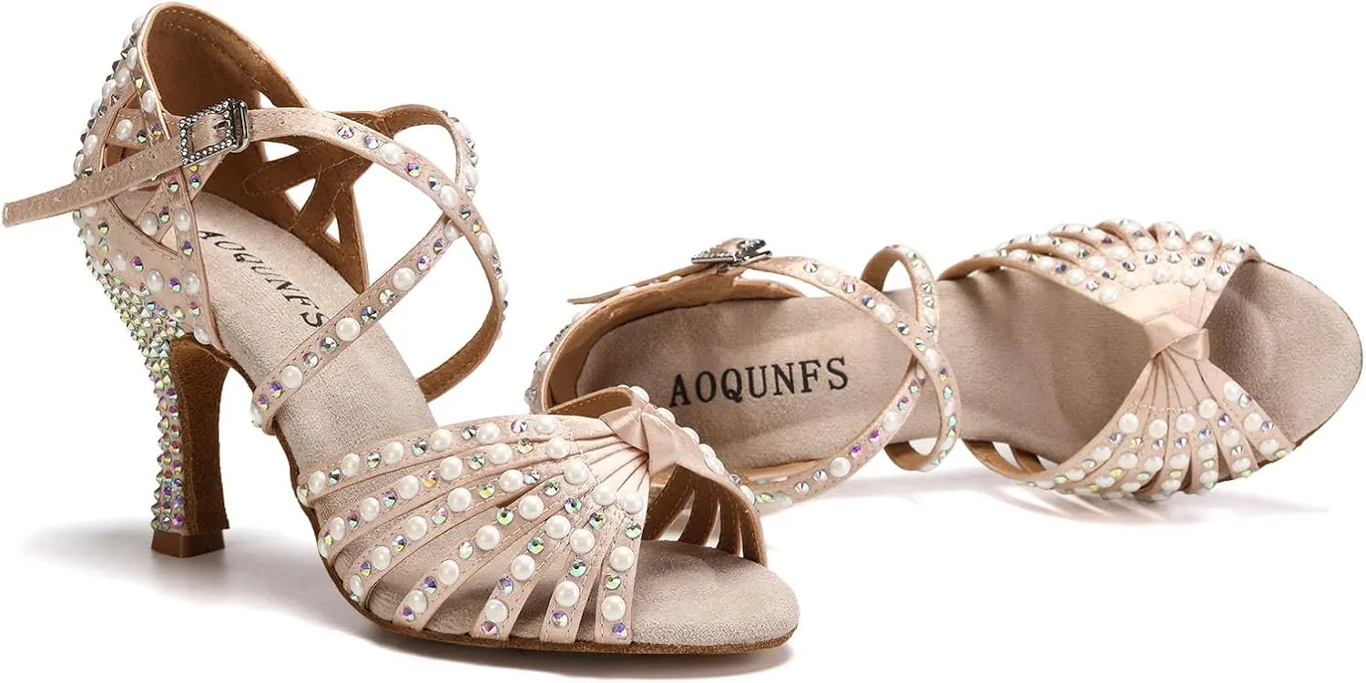 AOQUNFS Women's Rhinestones Latin Dance Shoes Ballroom Salsa Performance Professional Practice Dancing Shoes,Model L429
