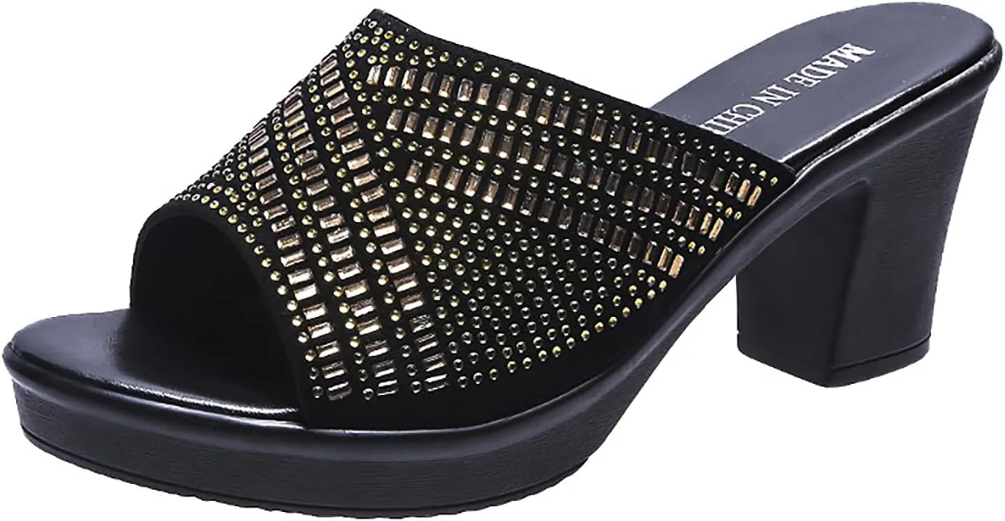 AUNTHUI Women's Rhinestones Platform Block Heel Sandals,Slip On Sparkling Crystal Wedge Sandals,Summer Fashion Party Dress Sandals,Open Toe Fish Toe High Heels