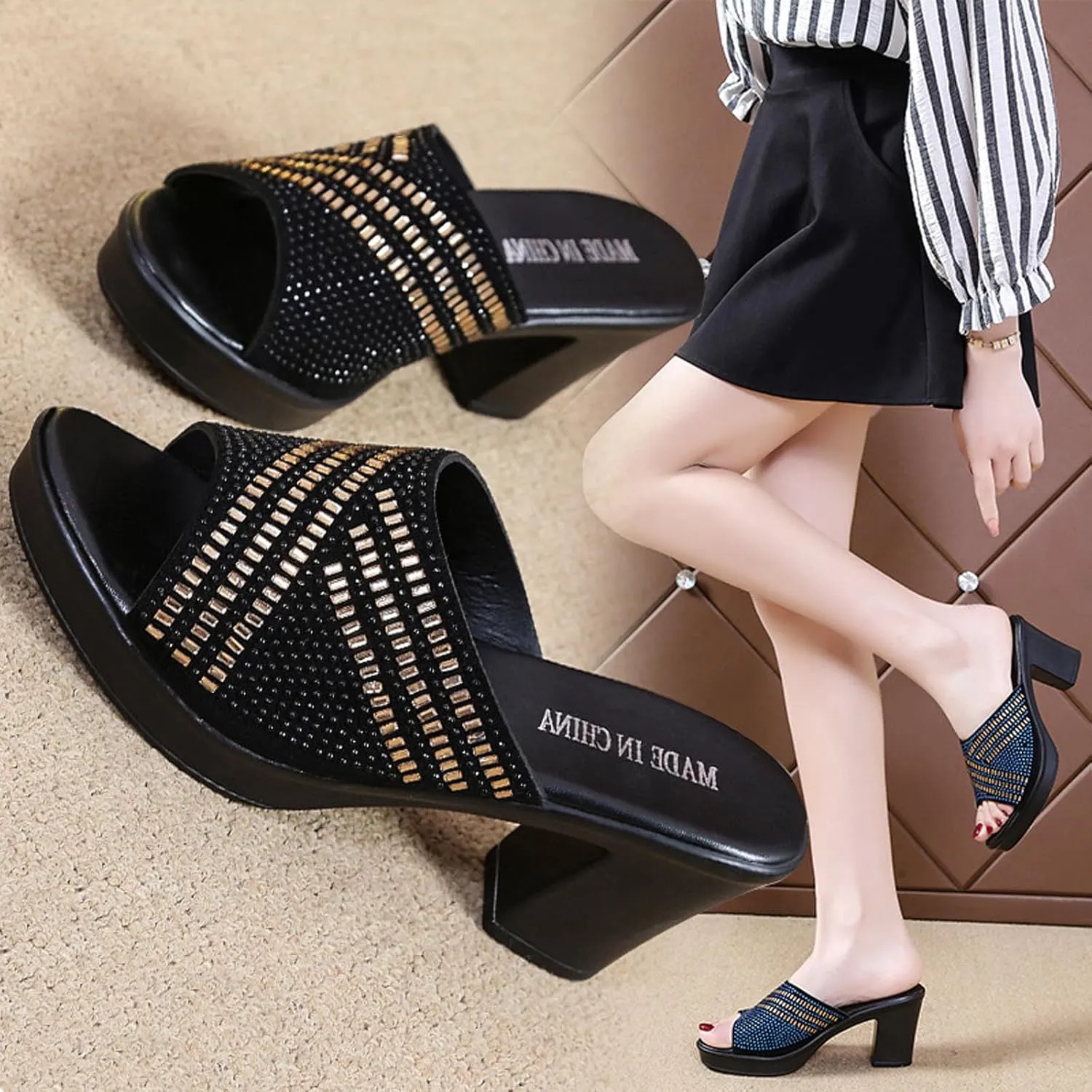 AUNTHUI Women's Rhinestones Platform Block Heel Sandals,Slip On Sparkling Crystal Wedge Sandals,Summer Fashion Party Dress Sandals,Open Toe Fish Toe High Heels