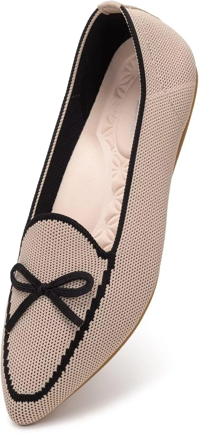 BEJINASH Women's Loafer Flats Casual Knit Fabric Lightweight Dressy Shoes Washable Elegant Pointed-Toe lace-up Bow Shoes Comfortable Ballet Shoes for Women Perfect for Daily