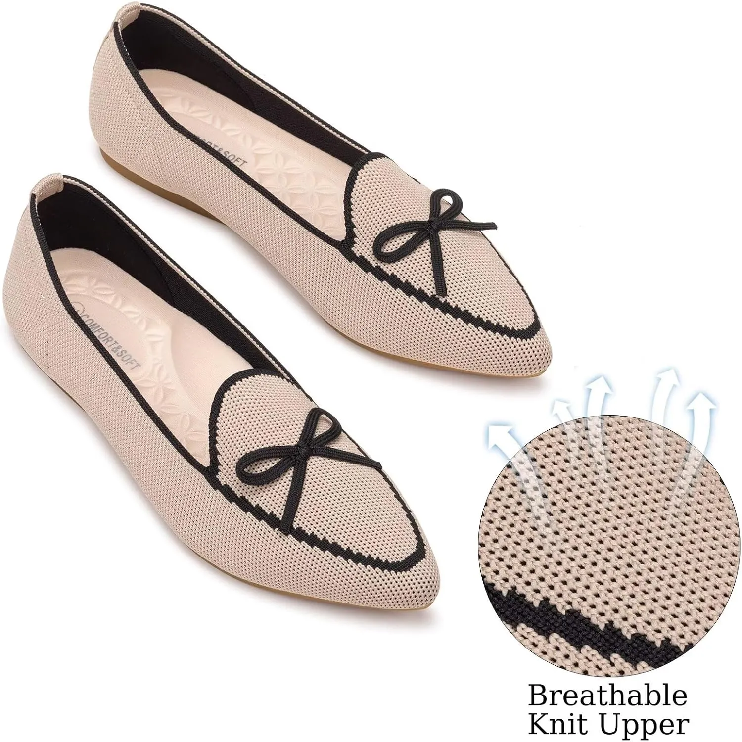 BEJINASH Women's Loafer Flats Casual Knit Fabric Lightweight Dressy Shoes Washable Elegant Pointed-Toe lace-up Bow Shoes Comfortable Ballet Shoes for Women Perfect for Daily