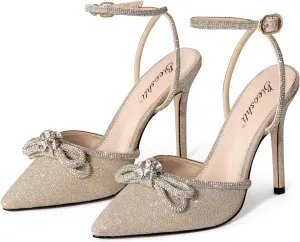 Bieosnli Women's Satin Lace Up High Heel Sandals Ankle Buckle Straps Pump Rhinestone Strip Bowknot Pointed Toe Stiletto Sandals