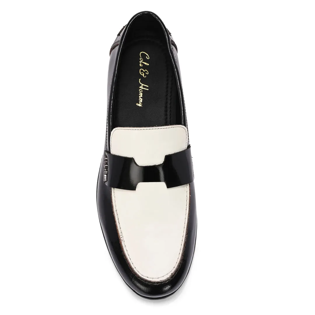 Black & White Patent Leather Handmade Bally Loafer Shoes