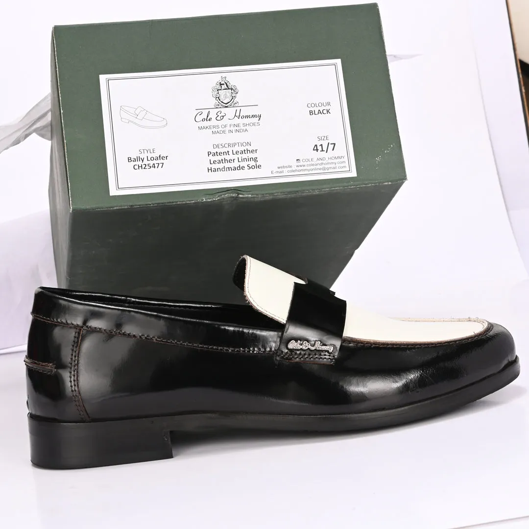 Black & White Patent Leather Handmade Bally Loafer Shoes