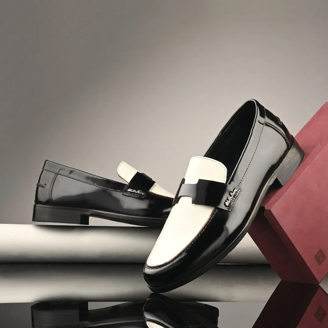 Black & White Patent Leather Handmade Bally Loafer Shoes