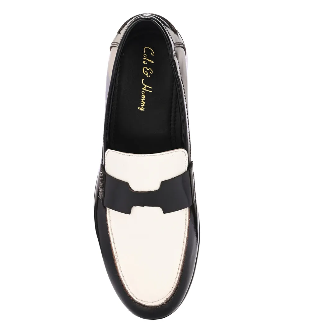 Black & White Patent Leather Handmade Bally Loafer Shoes