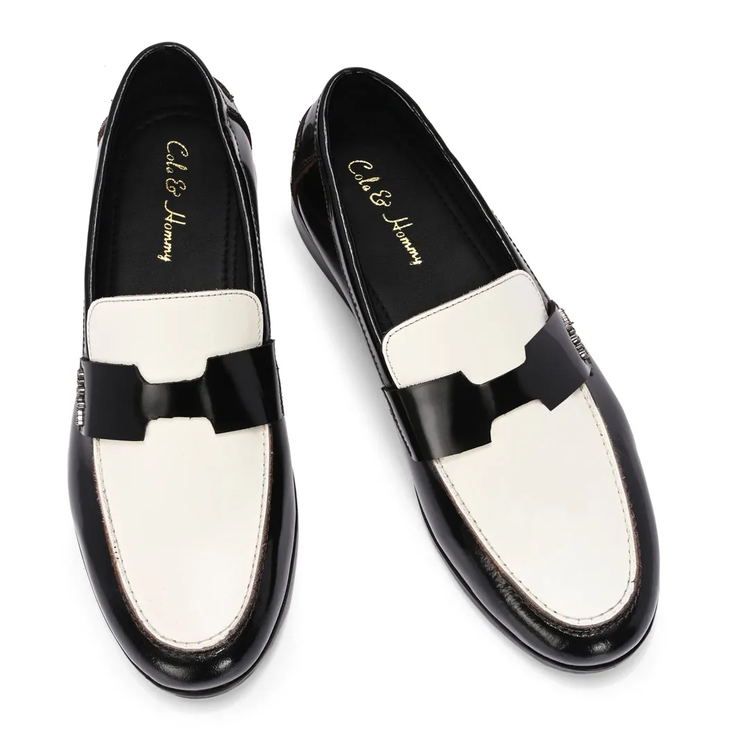 Black & White Patent Leather Handmade Bally Loafer Shoes
