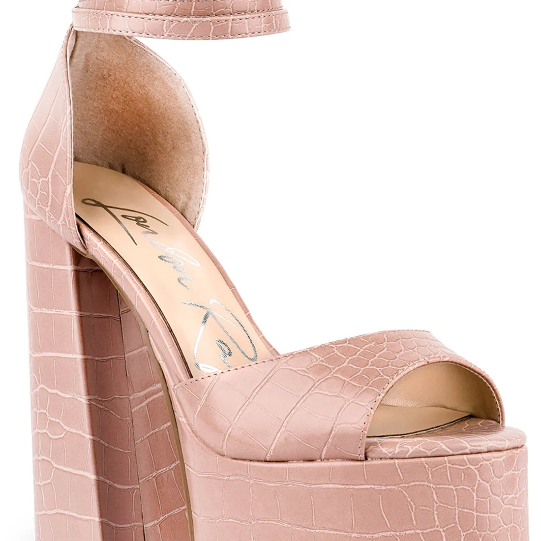 Blush Croc Textured High Heeled Block Sandal