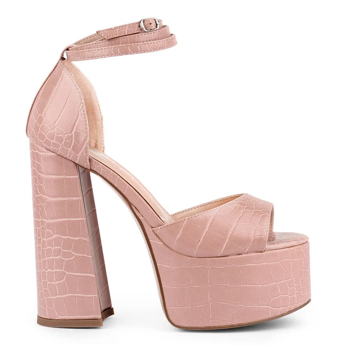 Blush Croc Textured High Heeled Block Sandal