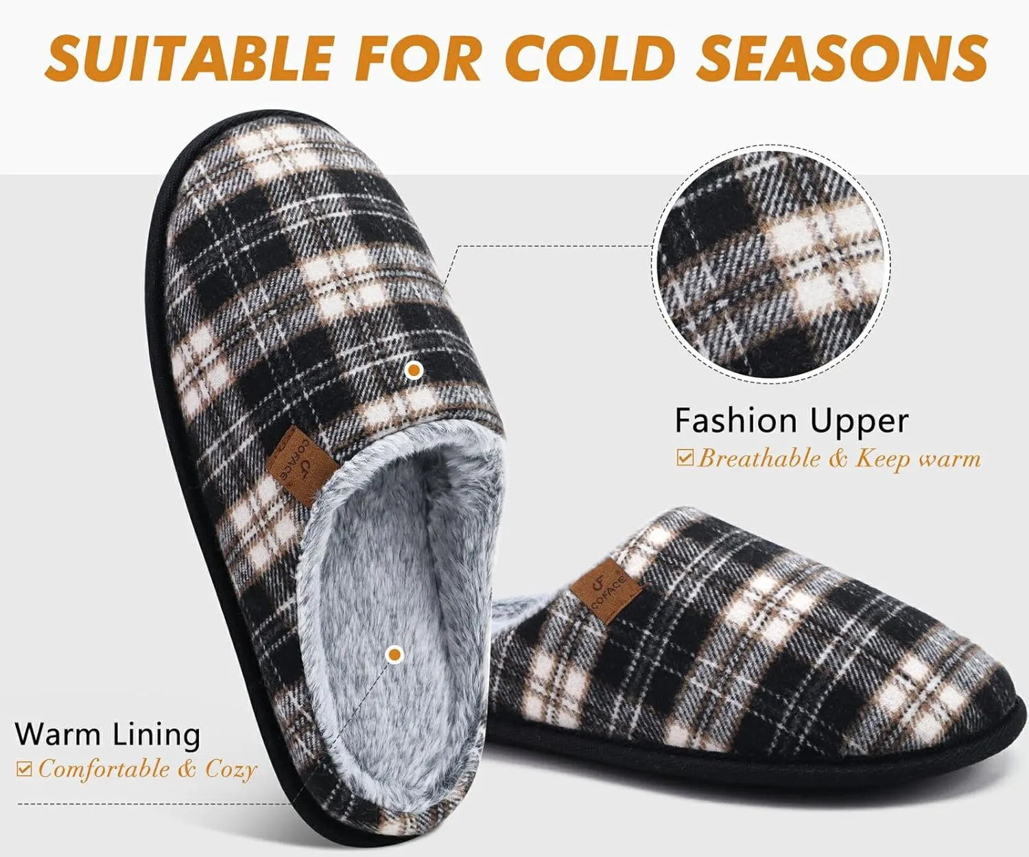 COFACE Unisex Mens Womens Cozy Memory Foam Scuff Slippers Casual Slip On Warm House Shoes Indoor/Outdoor Sandal Slippers With Arch Support Rubber Sole Size 4-15