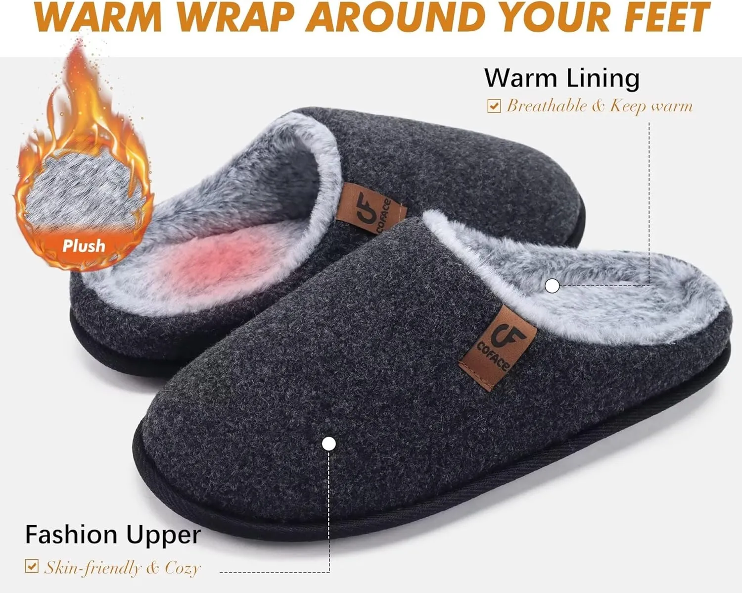 COFACE Unisex Mens Womens Cozy Memory Foam Scuff Slippers Casual Slip On Warm House Shoes Indoor/Outdoor Sandal Slippers With Arch Support Rubber Sole Size 4-15