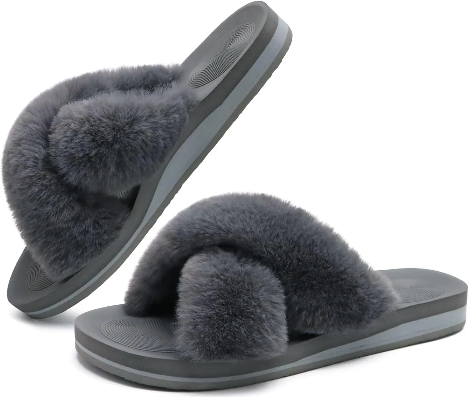 COFACE Womens Fuzzy Slides Fluff Faux Fur Cross Slippers Open Toe Yoga Mat House Slippers Sandals With Arch Support For Indoor/Outdoor
