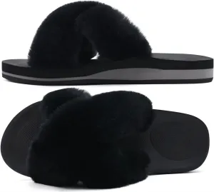 COFACE Womens Fuzzy Slides Fluff Faux Fur Cross Slippers Open Toe Yoga Mat House Slippers Sandals With Arch Support For Indoor/Outdoor