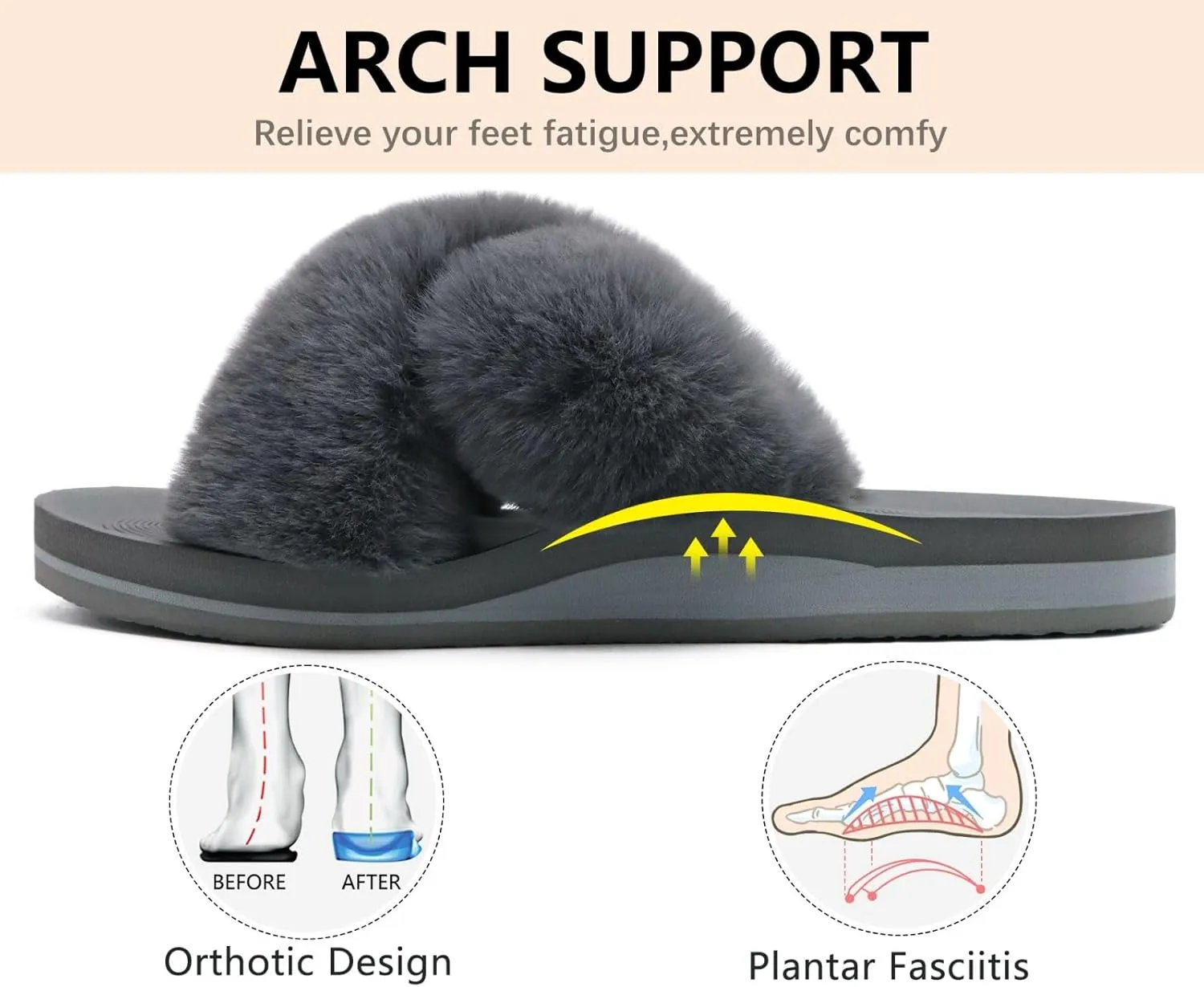 COFACE Womens Fuzzy Slides Fluff Faux Fur Cross Slippers Open Toe Yoga Mat House Slippers Sandals With Arch Support For Indoor/Outdoor