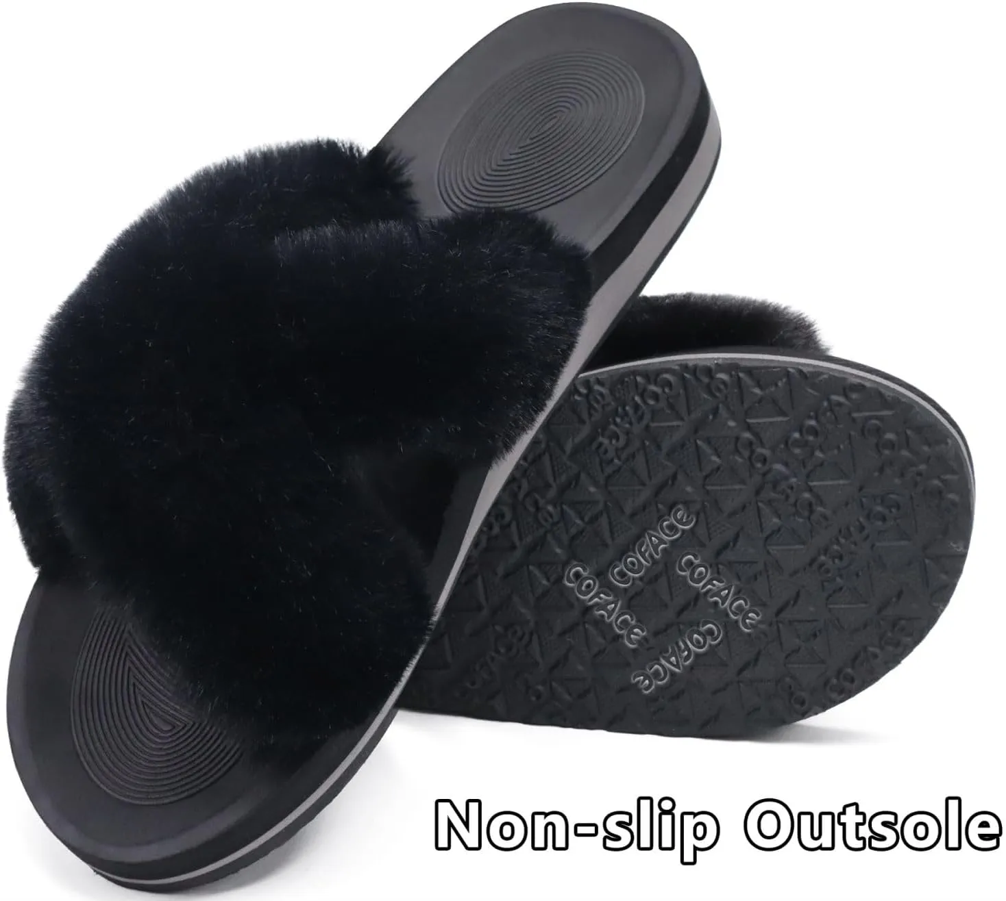COFACE Womens Fuzzy Slides Fluff Faux Fur Cross Slippers Open Toe Yoga Mat House Slippers Sandals With Arch Support For Indoor/Outdoor