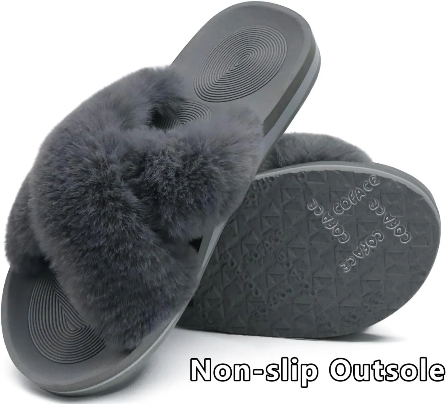 COFACE Womens Fuzzy Slides Fluff Faux Fur Cross Slippers Open Toe Yoga Mat House Slippers Sandals With Arch Support For Indoor/Outdoor