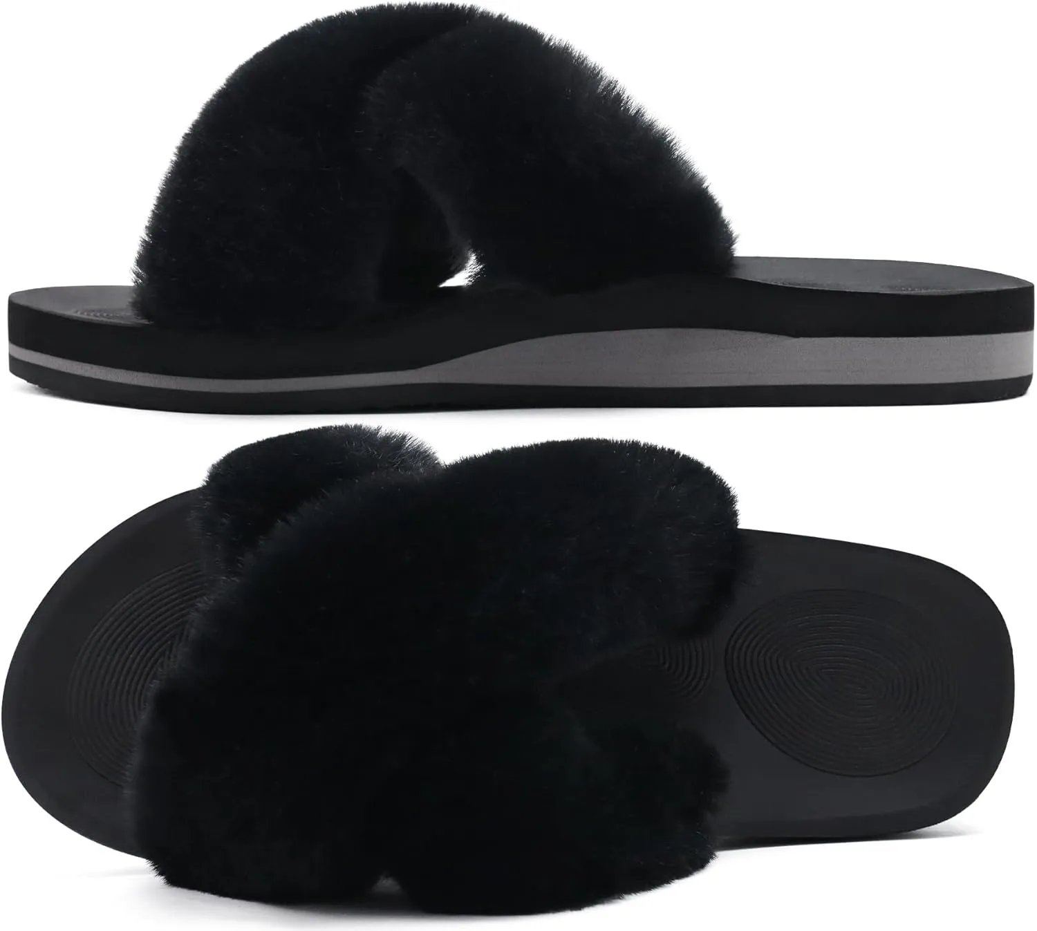 COFACE Womens Fuzzy Slides Fluff Faux Fur Cross Slippers Open Toe Yoga Mat House Slippers Sandals With Arch Support For Indoor/Outdoor
