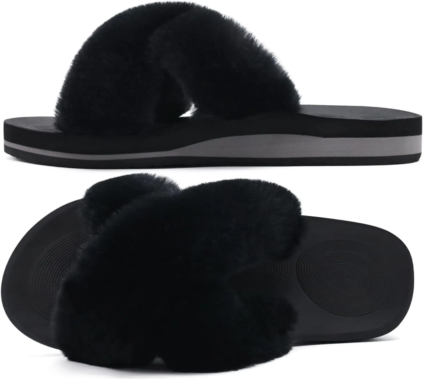 COFACE Womens Fuzzy Slides Fluff Faux Fur Cross Slippers Open Toe Yoga Mat House Slippers Sandals With Arch Support For Indoor/Outdoor