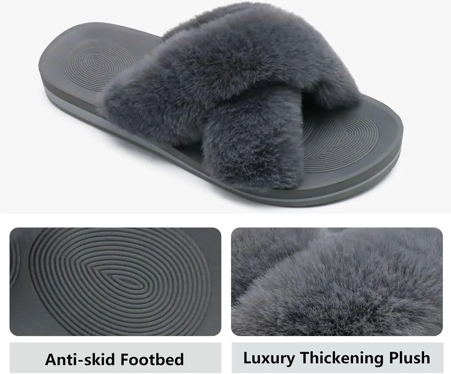 COFACE Womens Fuzzy Slides Fluff Faux Fur Cross Slippers Open Toe Yoga Mat House Slippers Sandals With Arch Support For Indoor/Outdoor