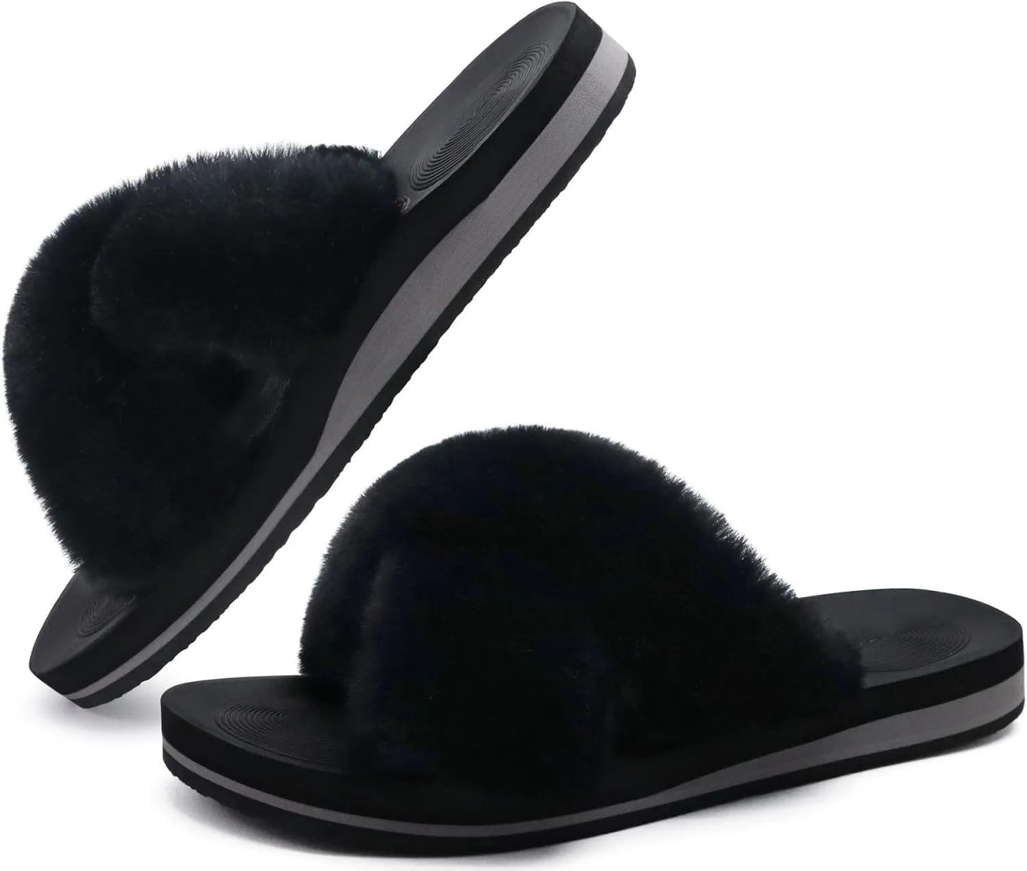 COFACE Womens Fuzzy Slides Fluff Faux Fur Cross Slippers Open Toe Yoga Mat House Slippers Sandals With Arch Support For Indoor/Outdoor