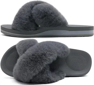 COFACE Womens Fuzzy Slides Fluff Faux Fur Cross Slippers Open Toe Yoga Mat House Slippers Sandals With Arch Support For Indoor/Outdoor