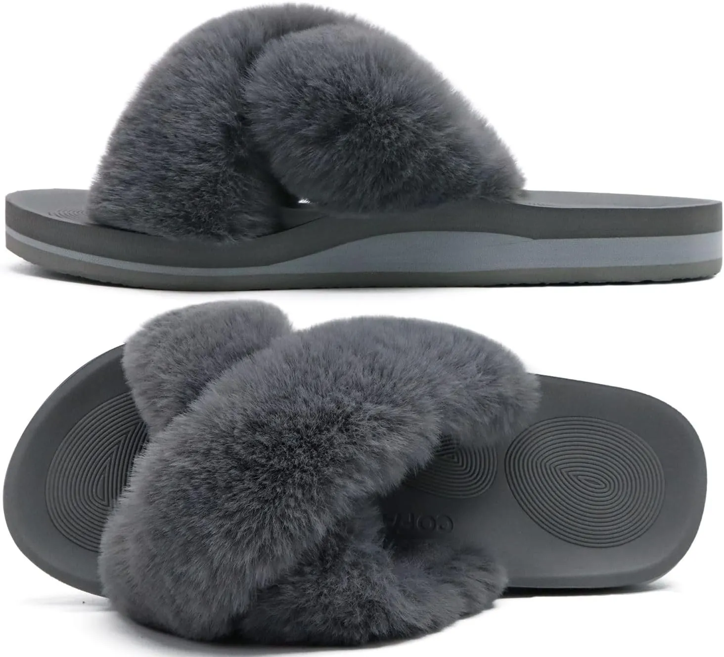 COFACE Womens Fuzzy Slides Fluff Faux Fur Cross Slippers Open Toe Yoga Mat House Slippers Sandals With Arch Support For Indoor/Outdoor