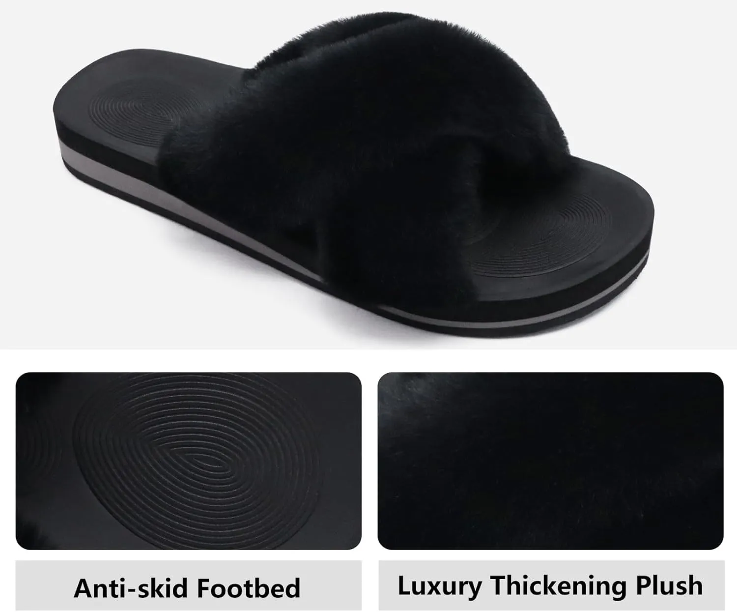 COFACE Womens Fuzzy Slides Fluff Faux Fur Cross Slippers Open Toe Yoga Mat House Slippers Sandals With Arch Support For Indoor/Outdoor