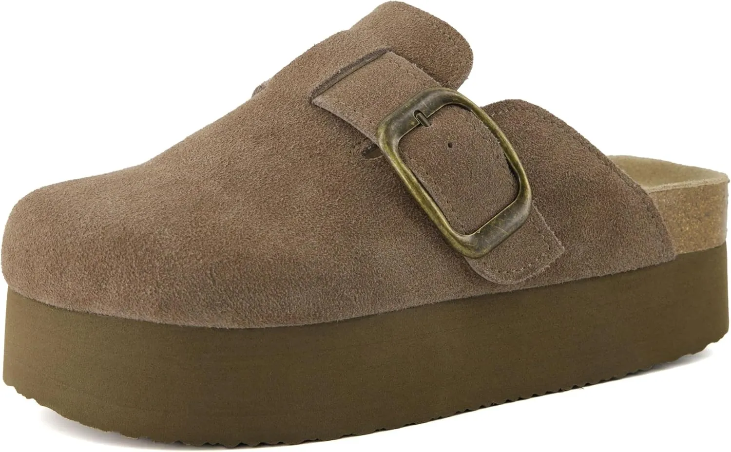 CUSHIONAIRE Women's Granola *Previous Buckle Issue Fixed* Genuine Suede Cork Footbed Platform Clog,  Comfort, Wide Widths Available