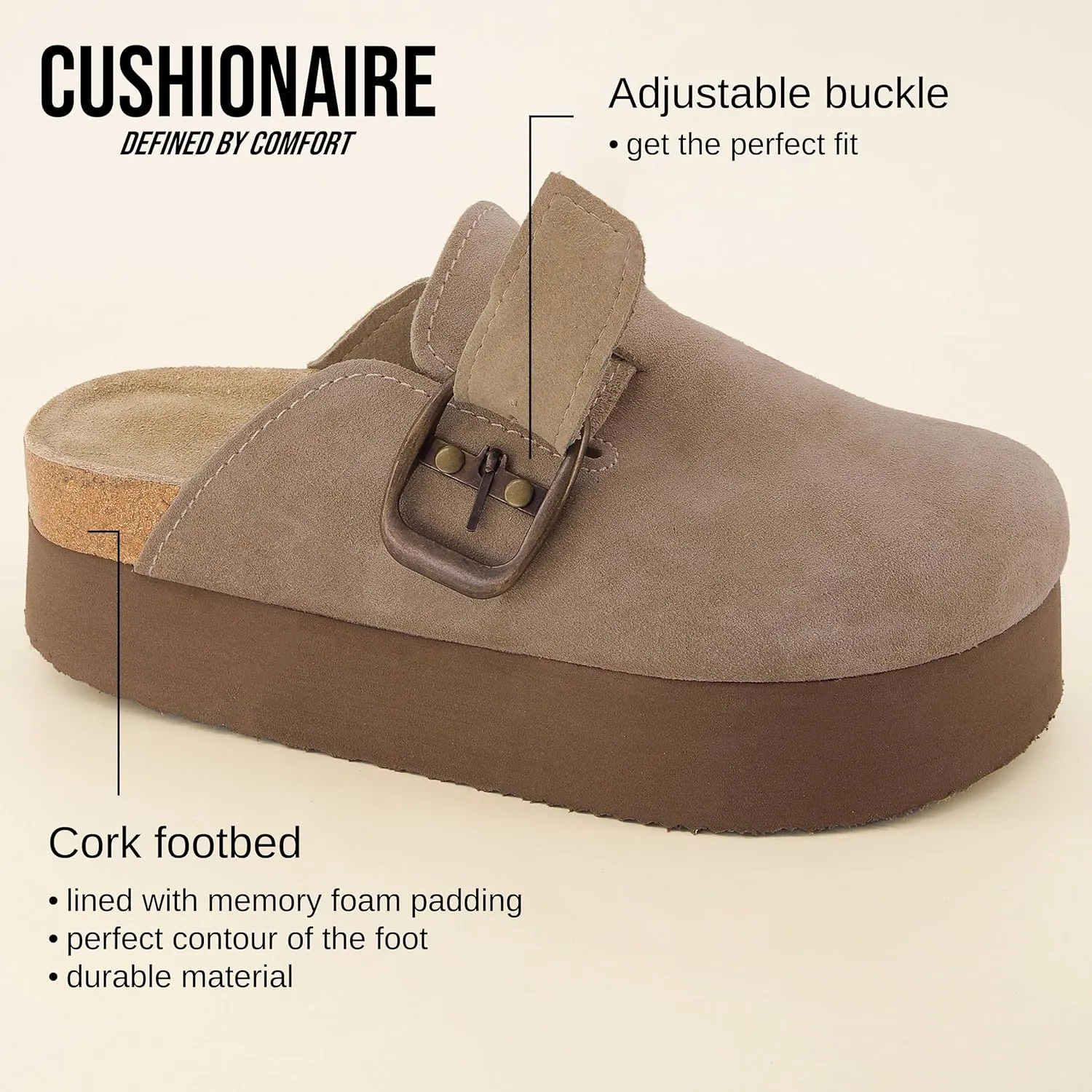 CUSHIONAIRE Women's Granola *Previous Buckle Issue Fixed* Genuine Suede Cork Footbed Platform Clog,  Comfort, Wide Widths Available
