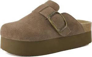 CUSHIONAIRE Women's Granola *Previous Buckle Issue Fixed* Genuine Suede Cork Footbed Platform Clog,  Comfort, Wide Widths Available
