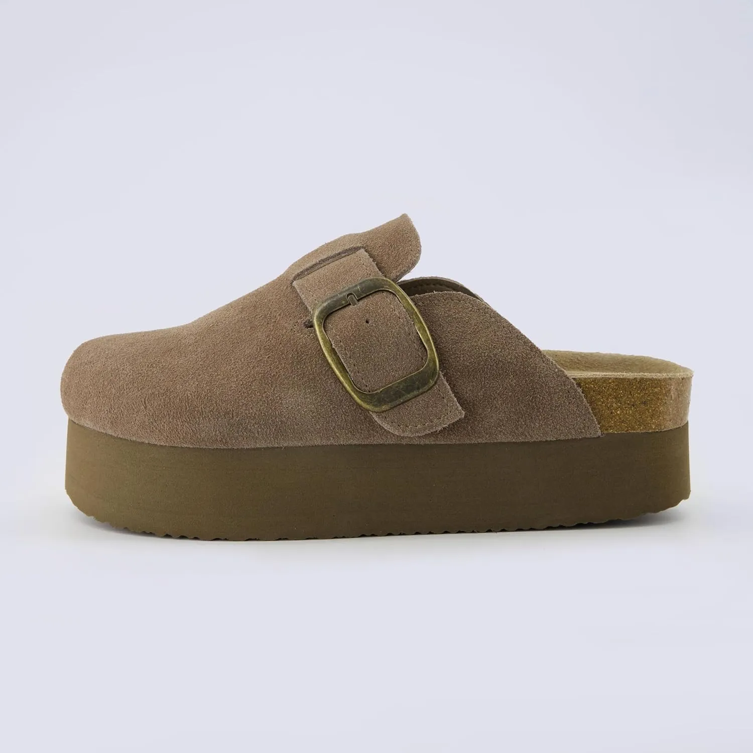 CUSHIONAIRE Women's Granola *Previous Buckle Issue Fixed* Genuine Suede Cork Footbed Platform Clog,  Comfort, Wide Widths Available