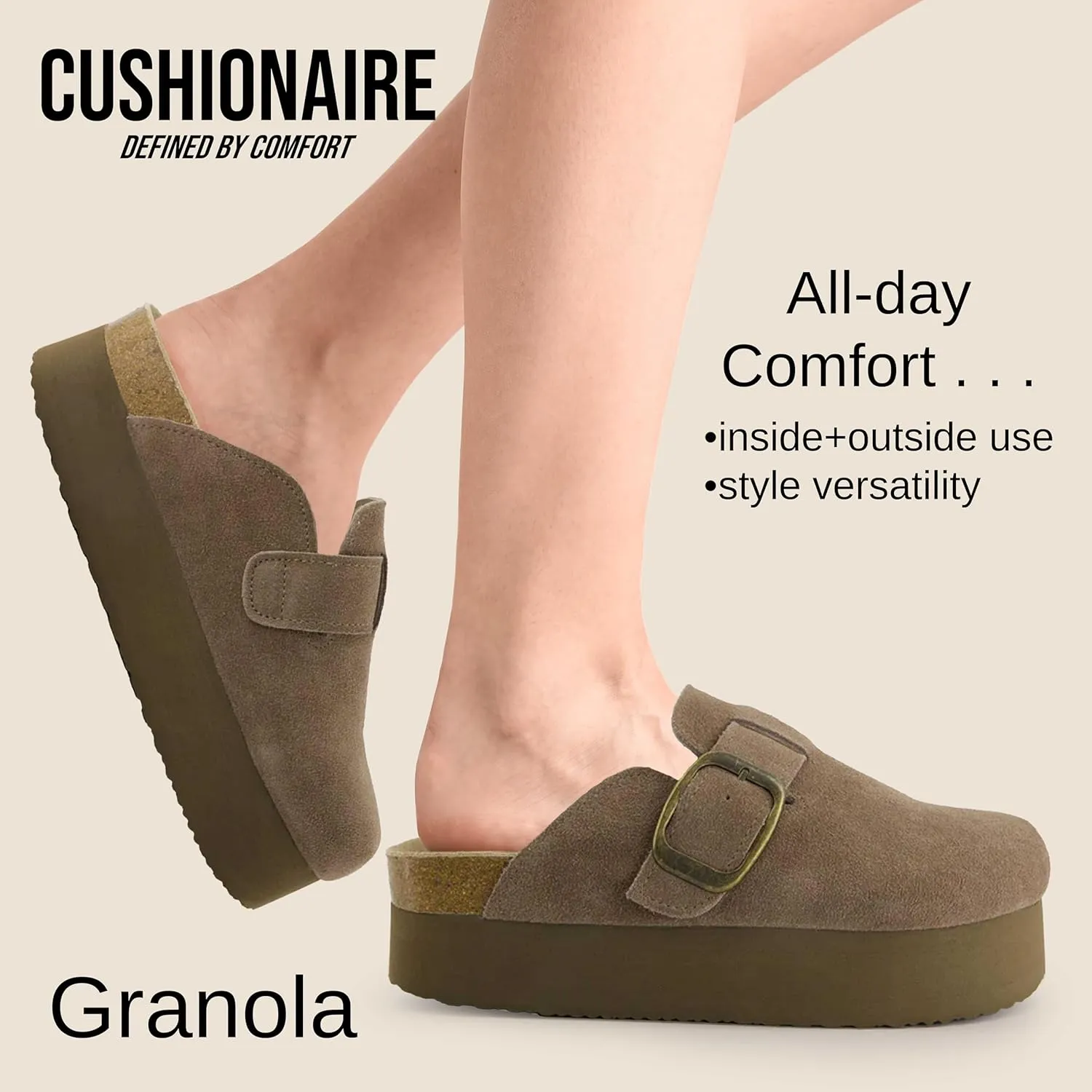 CUSHIONAIRE Women's Granola *Previous Buckle Issue Fixed* Genuine Suede Cork Footbed Platform Clog,  Comfort, Wide Widths Available
