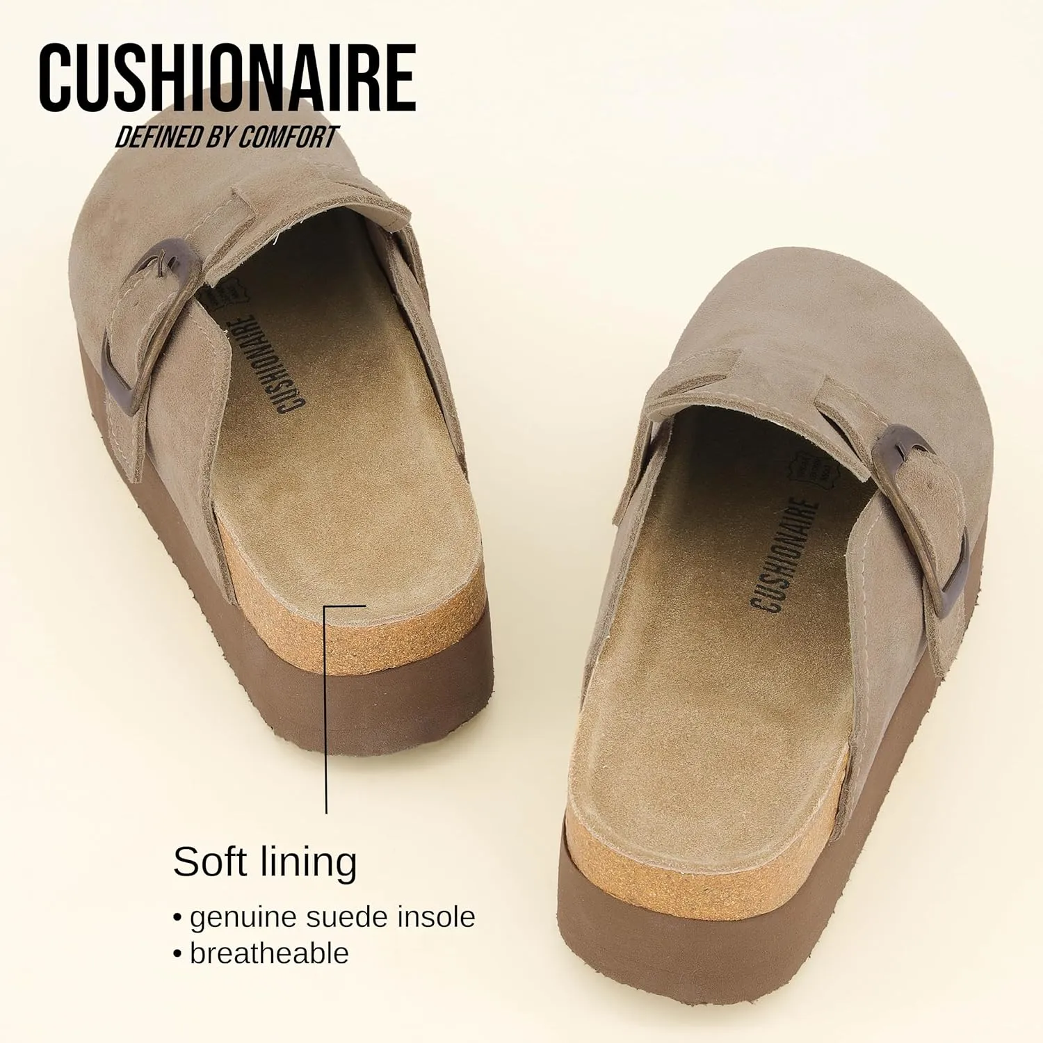 CUSHIONAIRE Women's Granola *Previous Buckle Issue Fixed* Genuine Suede Cork Footbed Platform Clog,  Comfort, Wide Widths Available