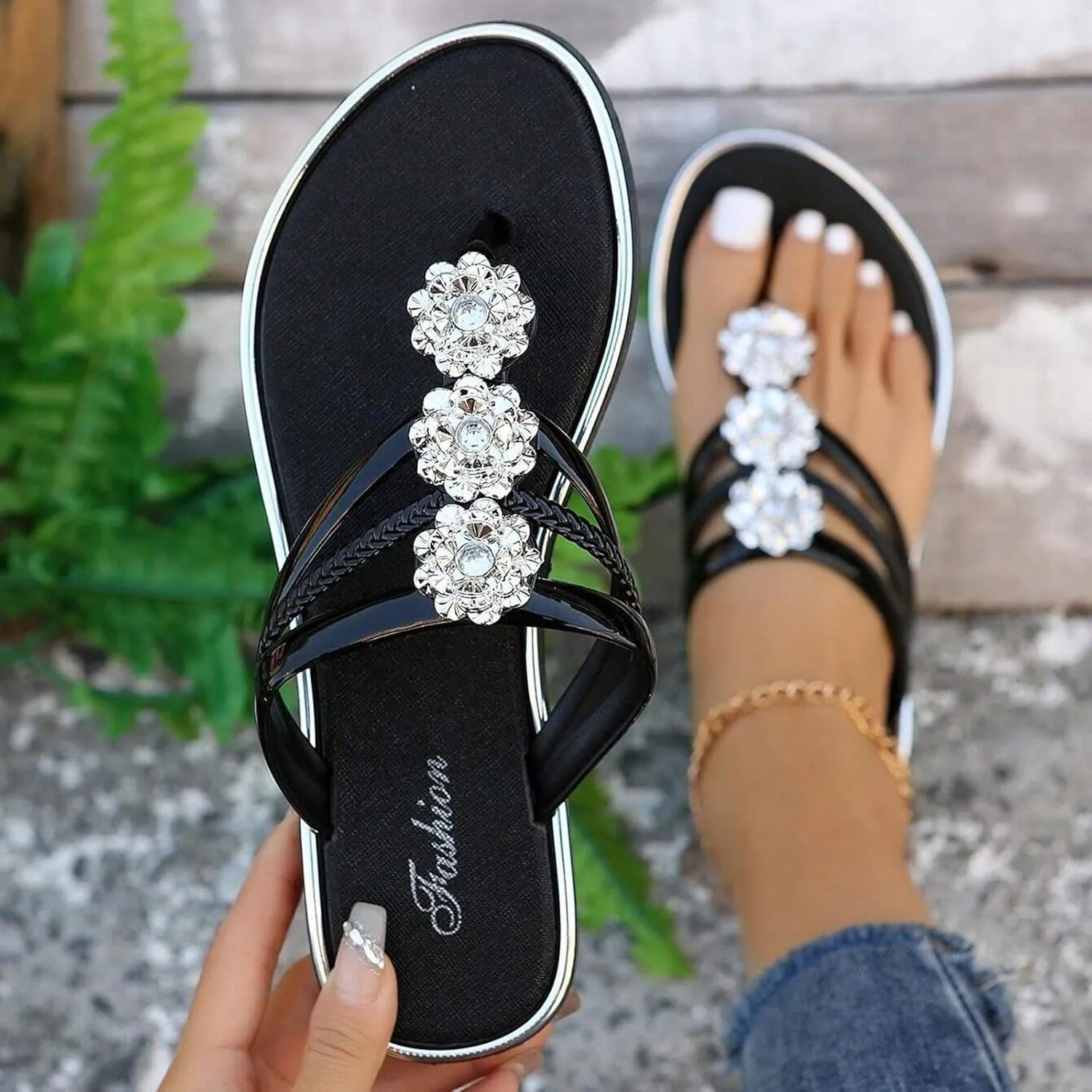 Flip Flops for Women Comfortable Flat Sandals with Rhinestone Summer Slip On Dressy Thong Sandals Fashion Lightweight Flip Flop Sandals Casual Herringbone Slippers