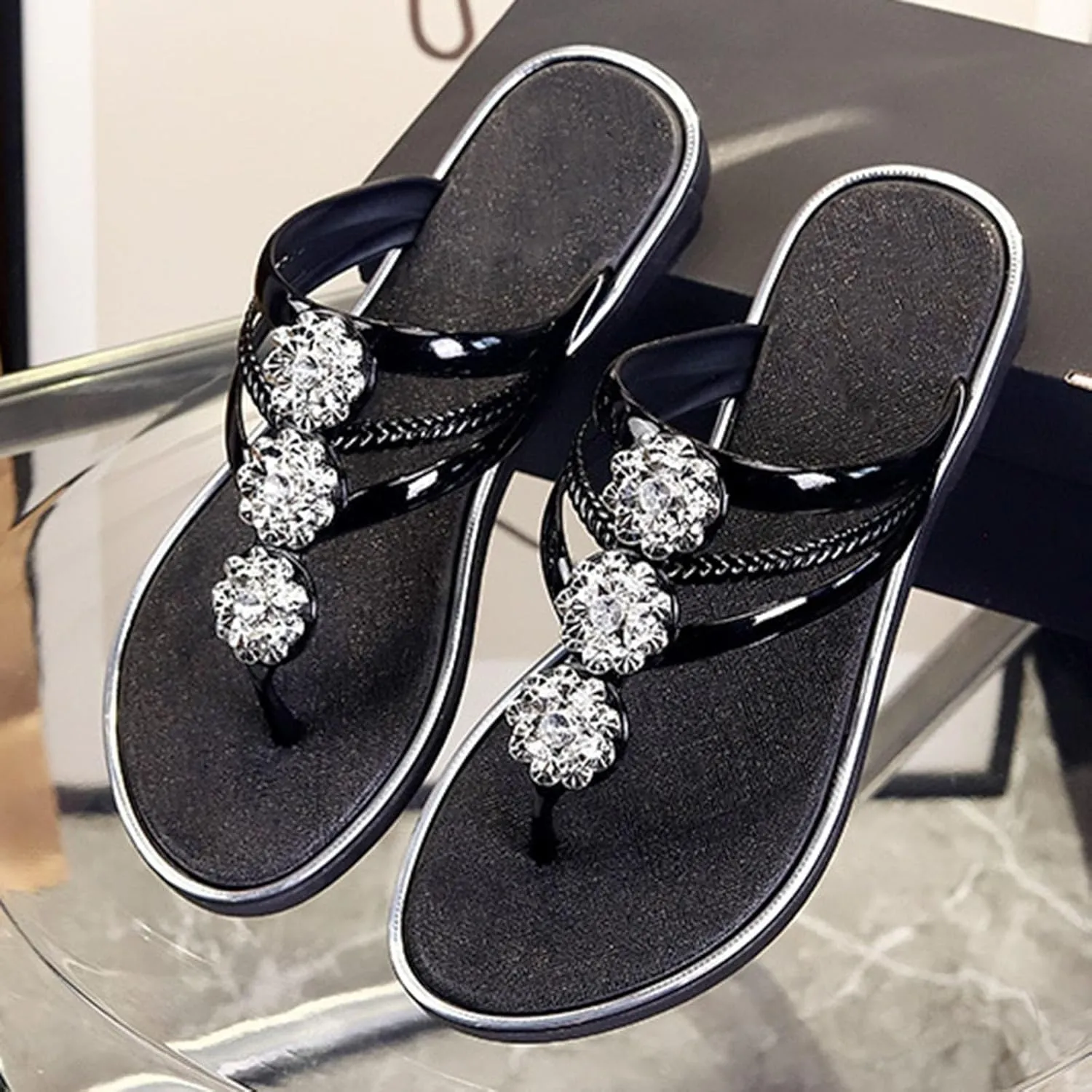 Flip Flops for Women Comfortable Flat Sandals with Rhinestone Summer Slip On Dressy Thong Sandals Fashion Lightweight Flip Flop Sandals Casual Herringbone Slippers