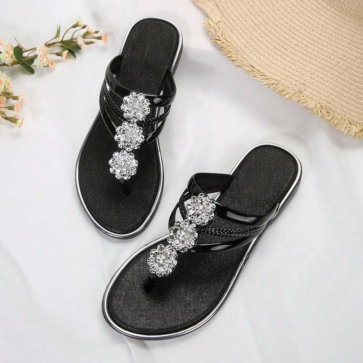 Flip Flops for Women Comfortable Flat Sandals with Rhinestone Summer Slip On Dressy Thong Sandals Fashion Lightweight Flip Flop Sandals Casual Herringbone Slippers