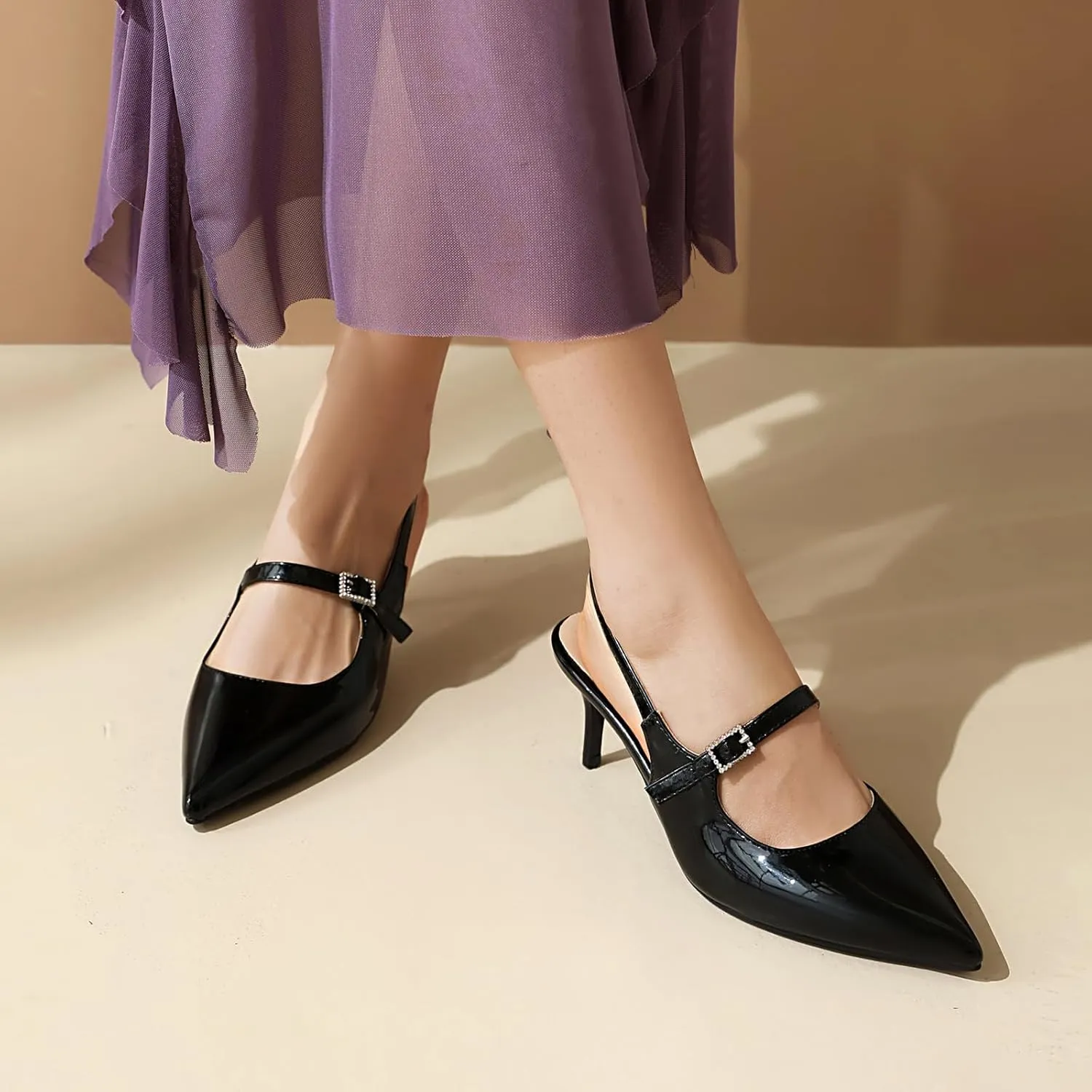 ForeMode Bow Mary Jane Shoes High Heels Closed Round Toe Pumps Leather Summer Sweet Shoe