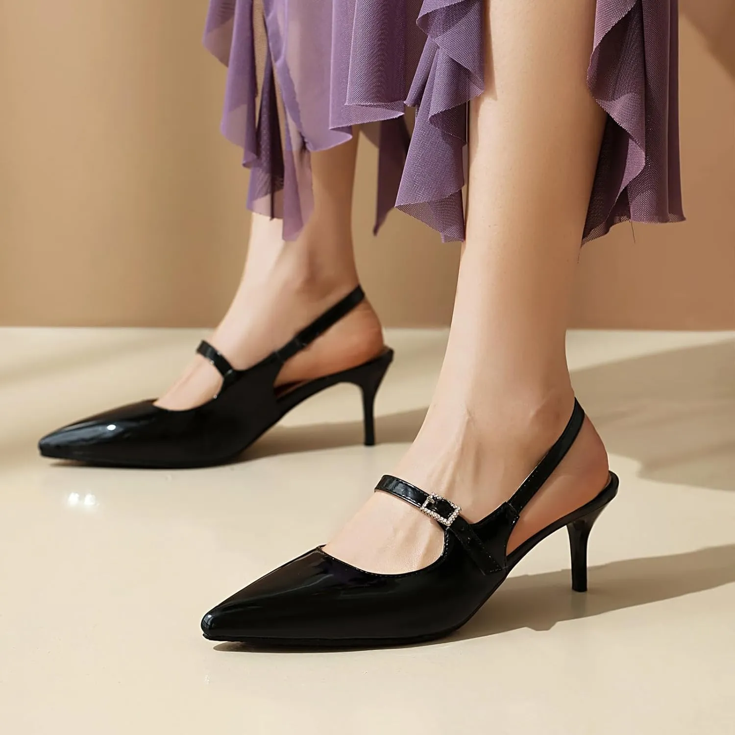 ForeMode Bow Mary Jane Shoes High Heels Closed Round Toe Pumps Leather Summer Sweet Shoe