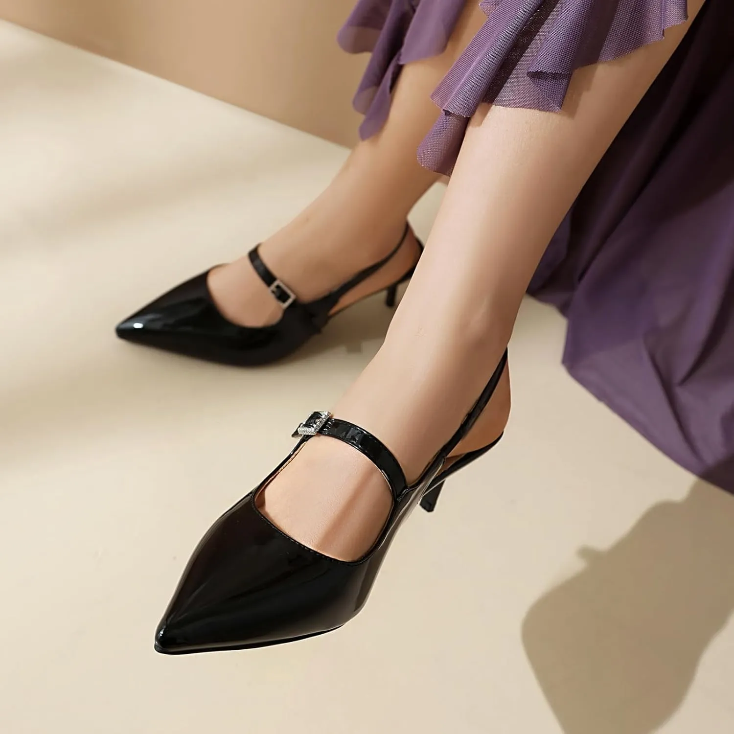 ForeMode Bow Mary Jane Shoes High Heels Closed Round Toe Pumps Leather Summer Sweet Shoe