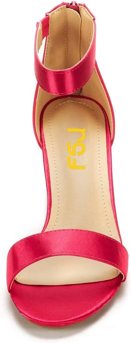 FSJ Women Comfy Ankle Strap Zipper Medium Rhinestone Chunky Heels Peep Toe Pull On Classic Travel Sandals Size 4-15 M US
