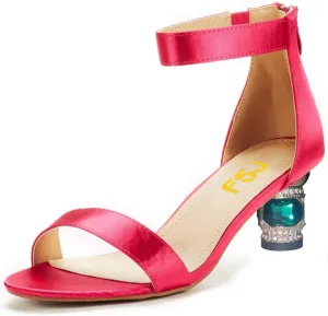 FSJ Women Comfy Ankle Strap Zipper Medium Rhinestone Chunky Heels Peep Toe Pull On Classic Travel Sandals Size 4-15 M US