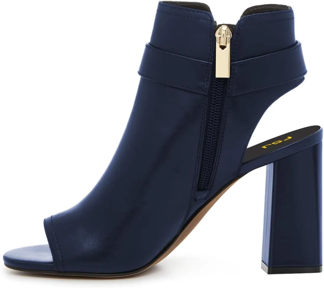 FSJ Women Peep Open Toe Ankle Booties Block Heel Metal Buckle High Heel Sandals Cutout Ankle Strap Zipper Cocktail Nightclub Pumps Shoes Size 4-16 US