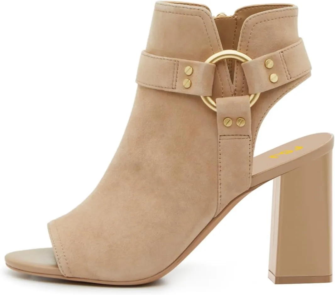 FSJ Women Peep Open Toe Ankle Booties Block Heel Metal Buckle High Heel Sandals Cutout Ankle Strap Zipper Cocktail Nightclub Pumps Shoes Size 4-16 US