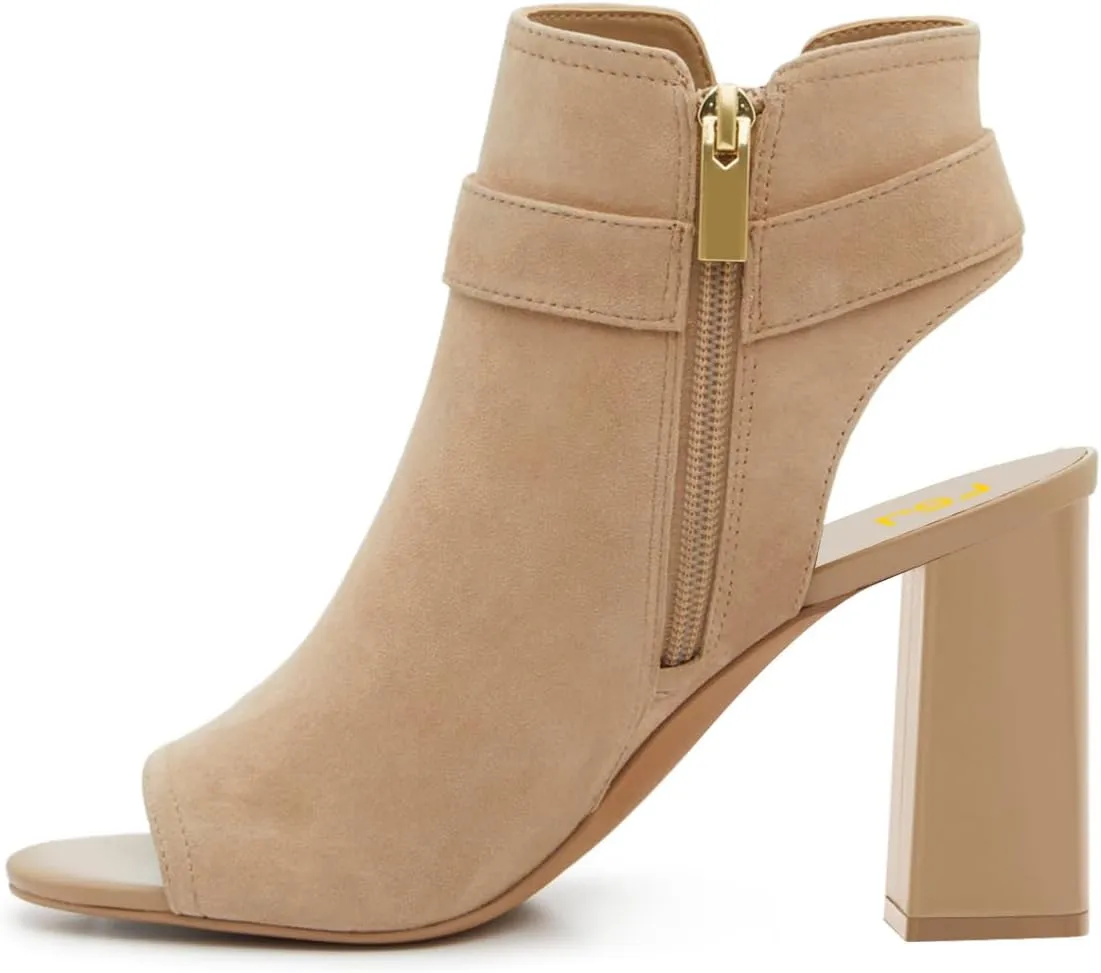 FSJ Women Peep Open Toe Ankle Booties Block Heel Metal Buckle High Heel Sandals Cutout Ankle Strap Zipper Cocktail Nightclub Pumps Shoes Size 4-16 US